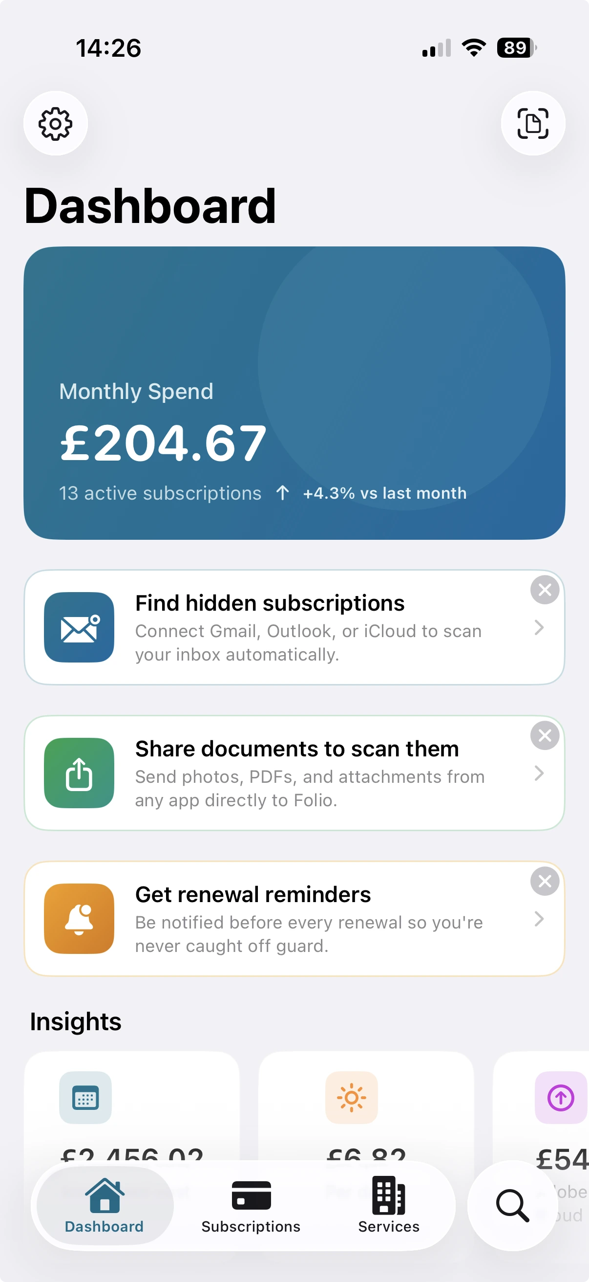 Folio iPhone app showing the home screen with tracked subscriptions and monthly spending