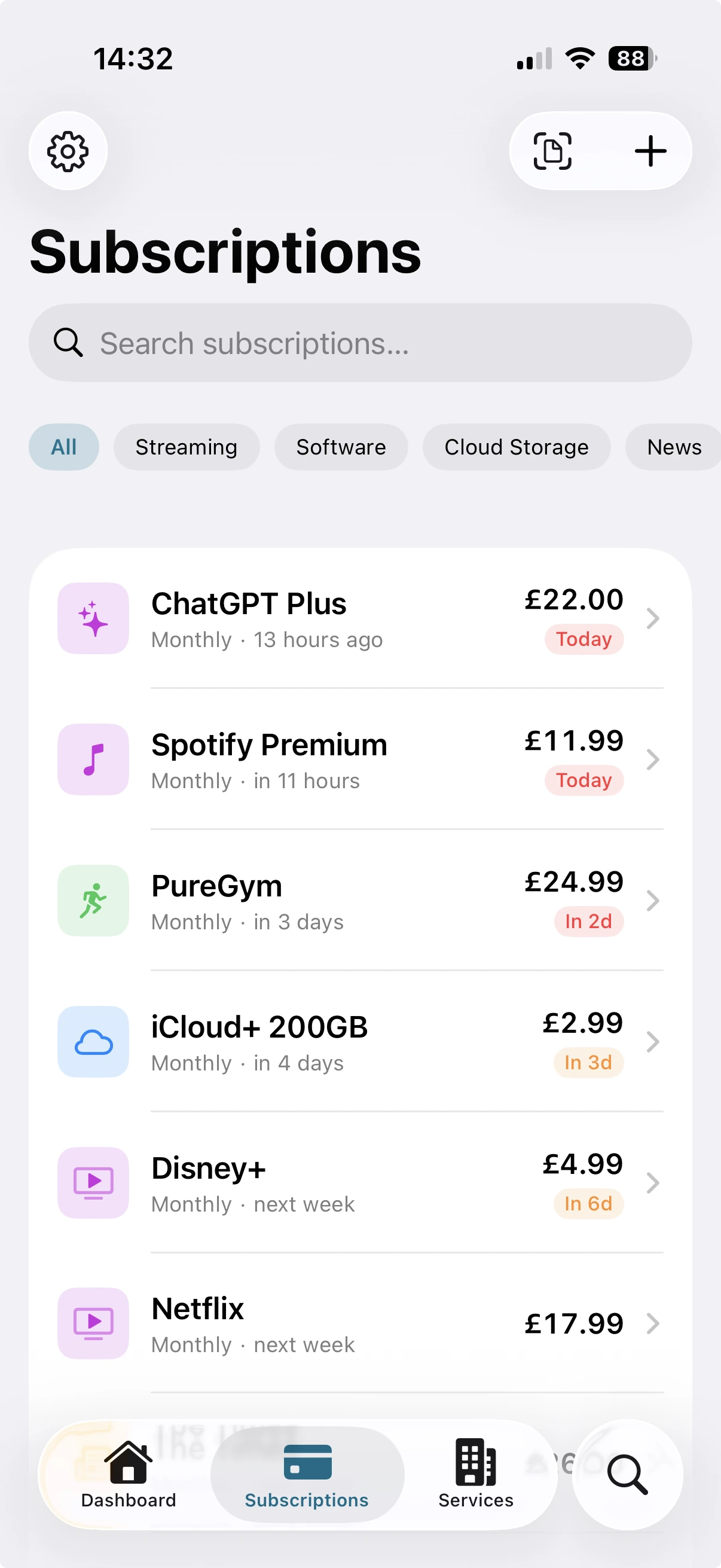 Folio dashboard showing active subscriptions with renewal timeline